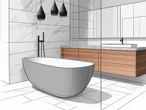 modern bathroom design featuring a freestanding bathtub, a floating vanity, and minimalist lighting