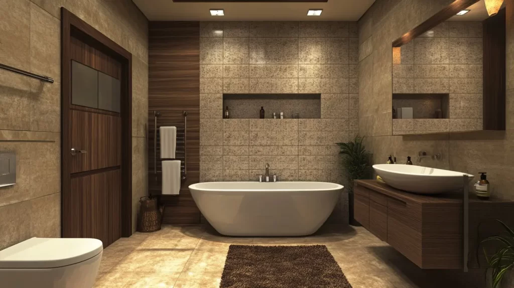 modern bathroom interior featuring a bathtub, toilet, sink, and wooden cabinets