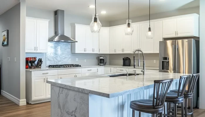 kitchen featuring white cabinets, marble countertops, and a kitchen island with bar stools