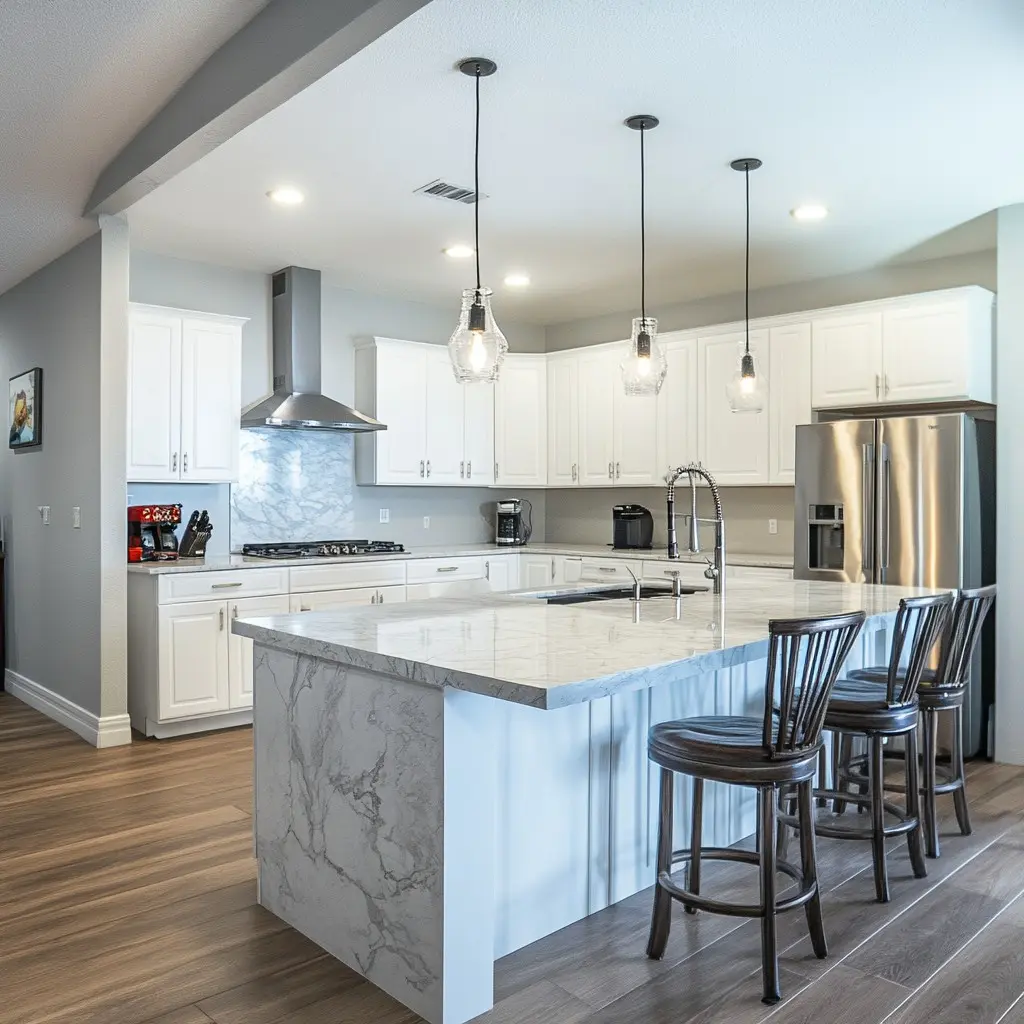 kitchen featuring white cabinets, marble countertops, and a kitchen island with bar stools