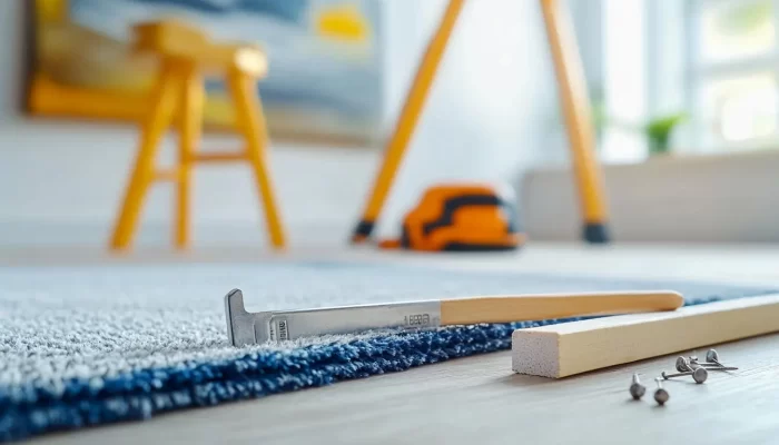 tools and materials used for installing carpet, including a carpet stretcher, a wood tack strip, nails, and a piece of carpet