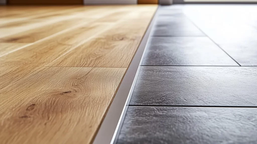 transition between two different types of flooring: wood and tile, separated by a metal strip