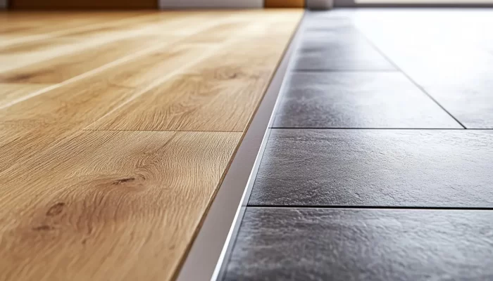 transition between two different types of flooring: wood and tile, separated by a metal strip