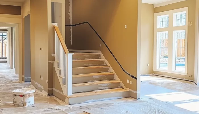 interior of a house under construction, specifically focusing on a staircase and the surrounding area