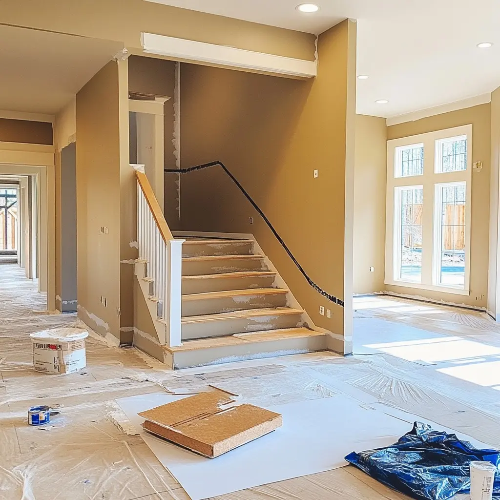 interior of a house under construction, specifically focusing on a staircase and the surrounding area