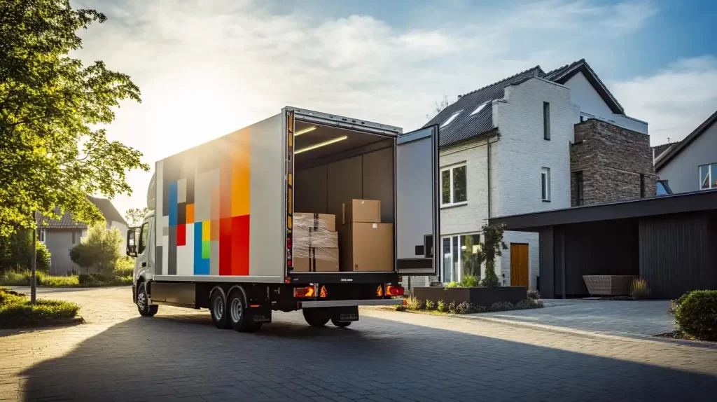 moving truck with its back door open, revealing several cardboard boxes inside