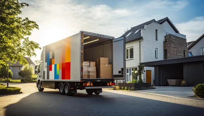 moving truck with its back door open, revealing several cardboard boxes inside