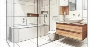 sketch of a modern bathroom interior design, featuring a bathtub, toilet, and a sink with a wooden cabinet
